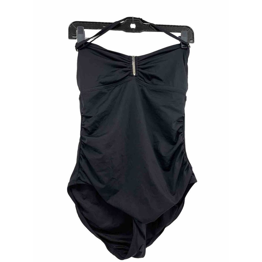 Calvin Klein One Piece Swimsuit Womens 10 Black‎ Ruched Halter Gold Hardware